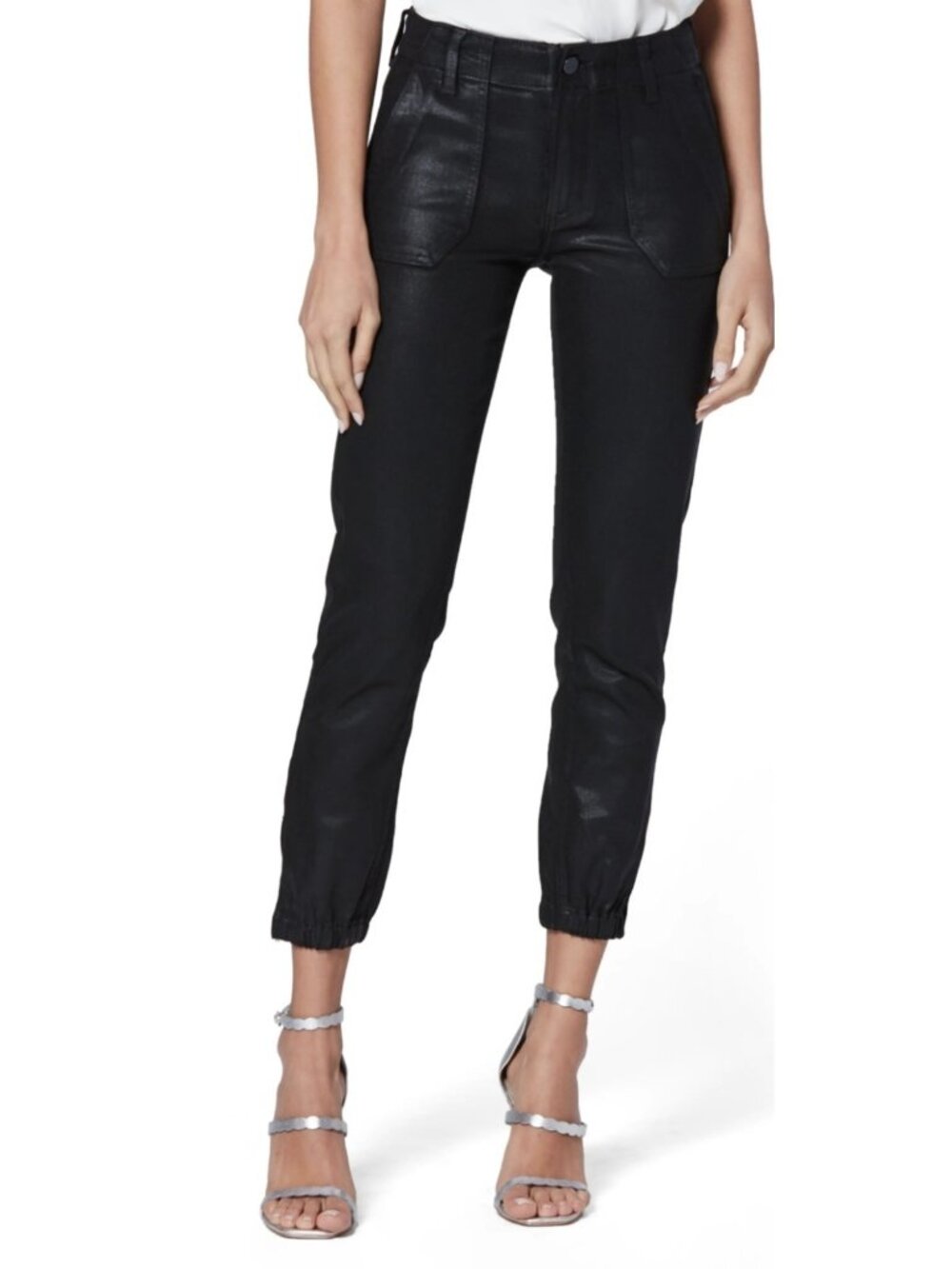 PAIGE Mayslie Coated Black Jogger Pants Size 25 Cargo Pocket Zip Ankle